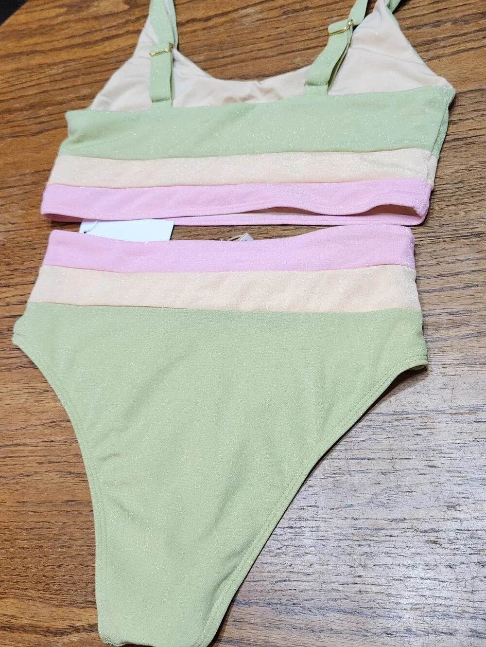 Beach Joy I Two-Piece Mint & Pink Stripe Swim Set Top Med Bottom Small NEW